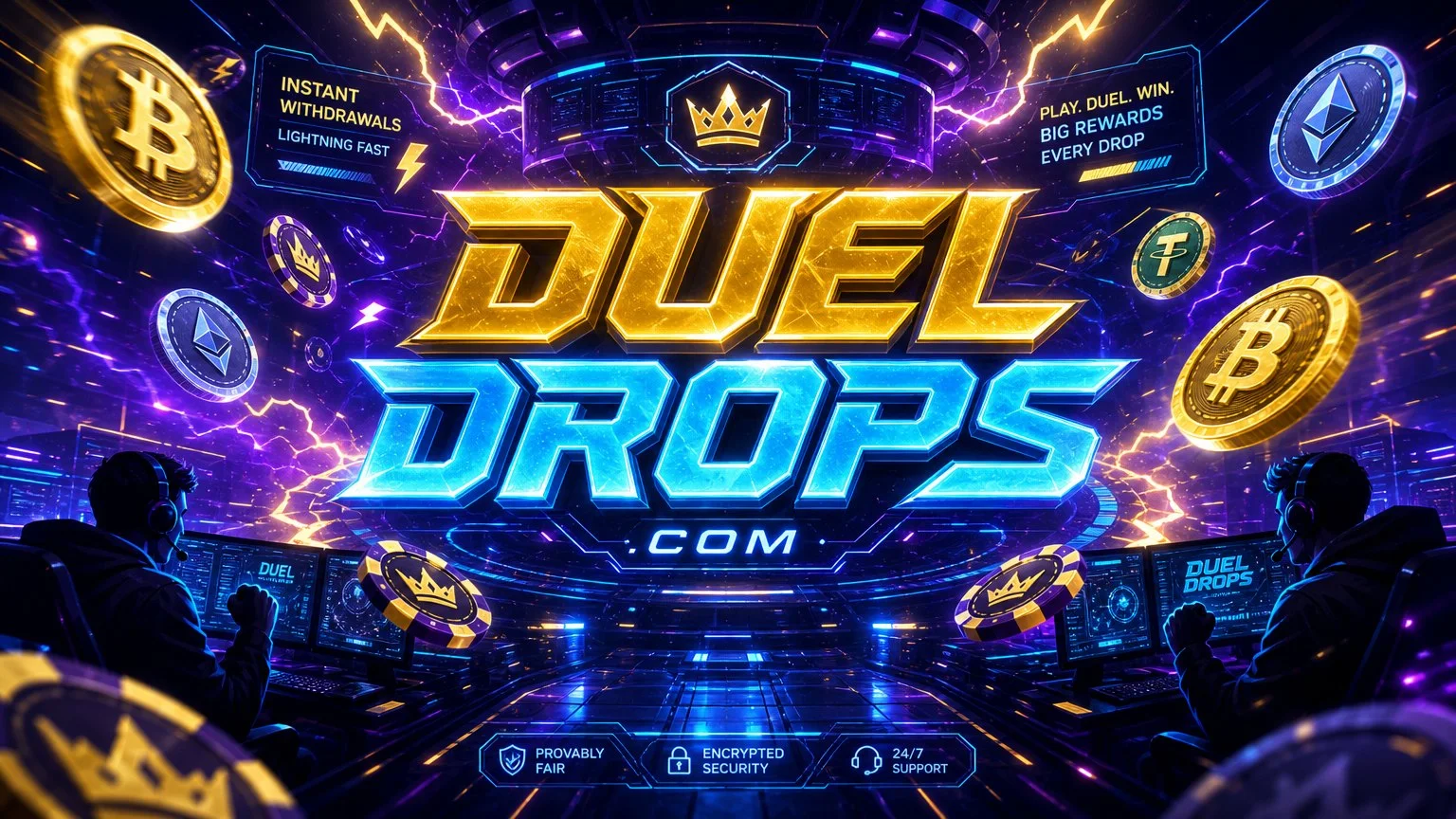 DuelDrops banner with the site name in gold and blue, crypto coins and casino chips